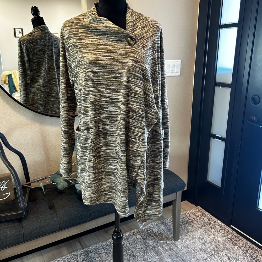 Alchemy Thread Space Dye Waterfall Cardigan Olive Green Asymmetrical Wrap M